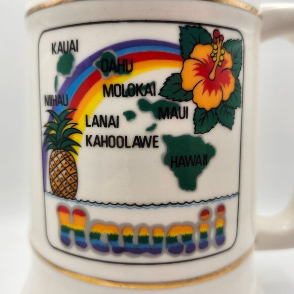 Vtg Hawaii Ceramic Stein Mug Rainbow Islands Map Design 32oz Hibiscus Pineapple - Picture 2 of 9